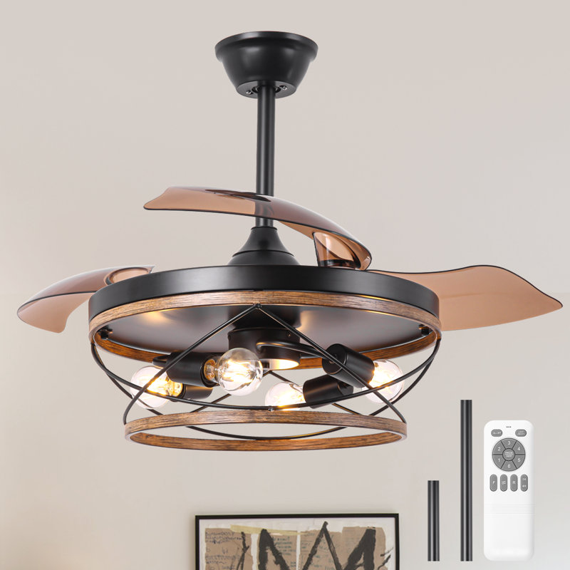 42" Retractable Ceiling Fan With Light And Remote, Farmhouse 6 Speeds Caged Ceiling Fan For Bedroom