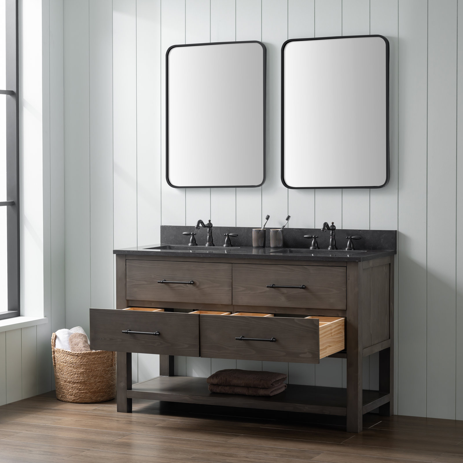 Keri 54 " Pine Double Bathroom Vanity, Smoke Gray/Matte Black
