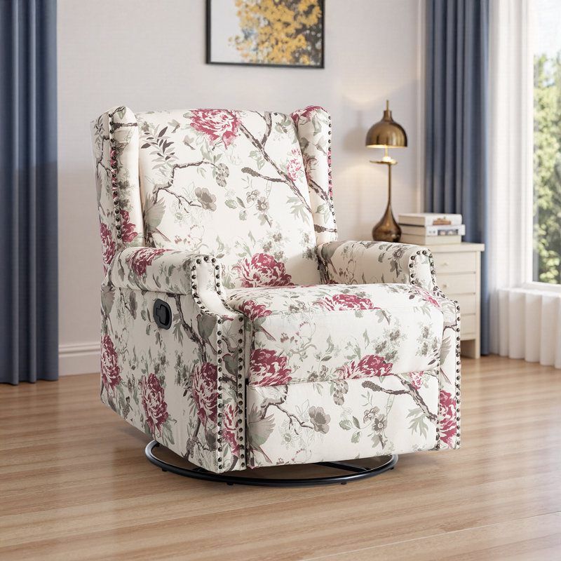 Upholstered Classic Wing Back Manual Handle Swivel Rock Glider Recliner with Naihead Trims, Plants Floral
