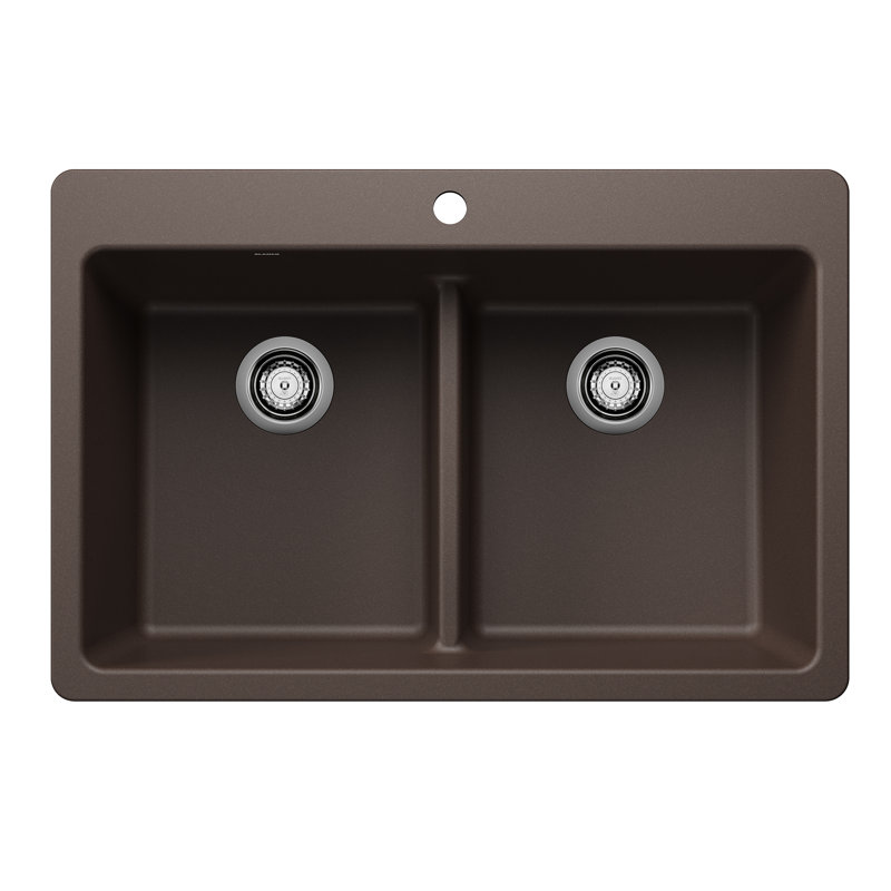 Liven SILGRANIT 33" 50/50 Double Bowl Dual Mount Kitchen Sink with Low Divide, Café