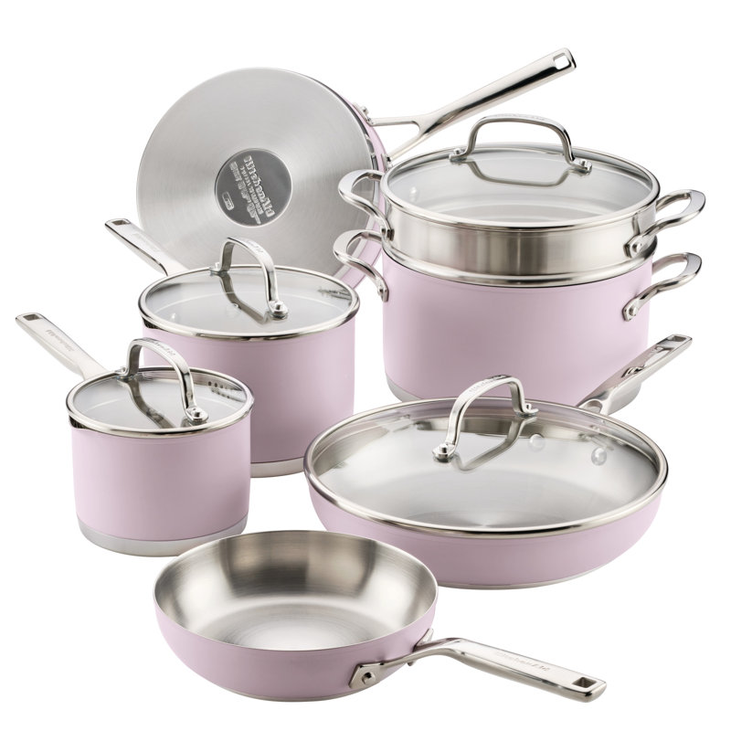 Kitchenaid Color-Finished Stainless Steel 3-Ply Base Cookware Set, 11-Piece, Agave, Purple