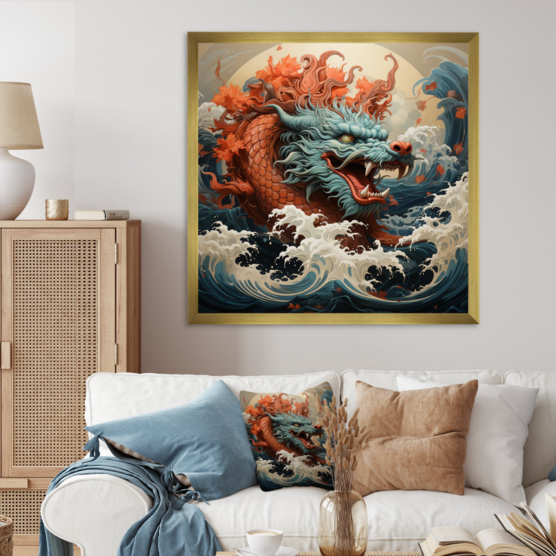 Dragon japonais japonais au large de Kanagawa III - Dragons, art mural, Cadre doré simple, H 16 po x l 16 po x P 1 po