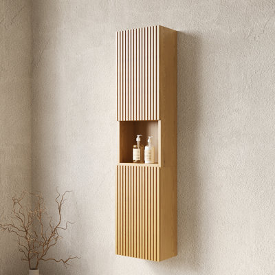 Armoire de salle de bain étroite 59 po de hauteur 59 po - fixation murale avec portes et tablettes en finition chêne