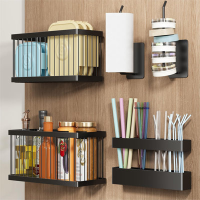 5 Pack Adhesive Cabinet Door Organizer, Lid Organizers Inside Cabinet Storage Boxes, Tumbler Lid Organizer and Straw Holder, Wall Mounted Pantry Holder for Kitchen (Black)