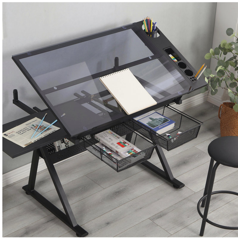 Black Adjustable Tempered Glass Drawing Desk and Chairs