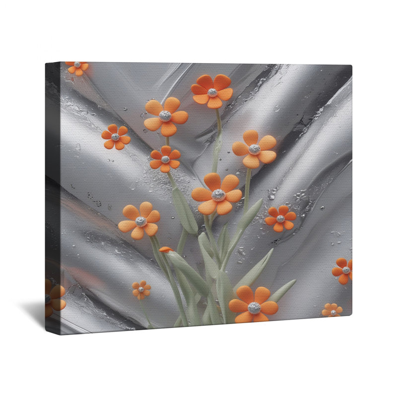 Fleurs orange sur toile tendue argentée dans de nombreuses tailles, 24 po x 36 po