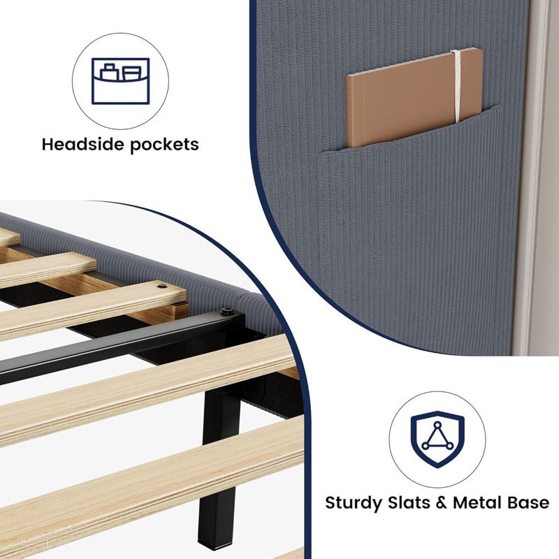 Platform Bed Frame With Upholstered Wingback Headboard, No Box Spring Needed, Dark Grey, Full