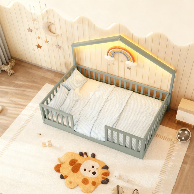 Floor Bed with High Rails, Wooden Montessori Bed with Light, Gray, Twin