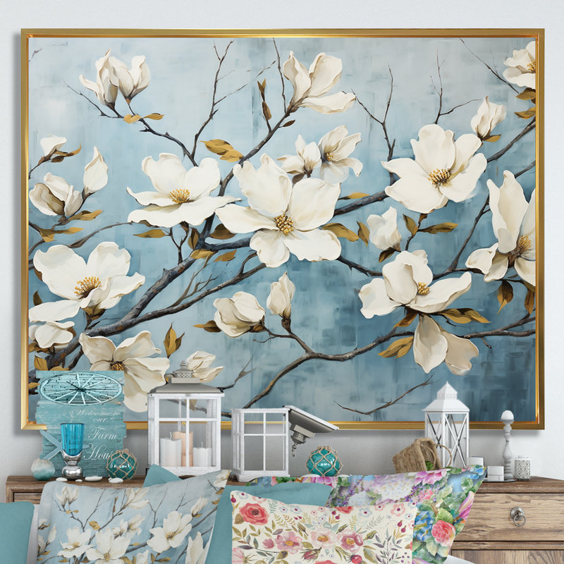 " White Blue Dogwood Peacefulness ", Gold Floater Framed, 34" H x 44" W x 1.5" D