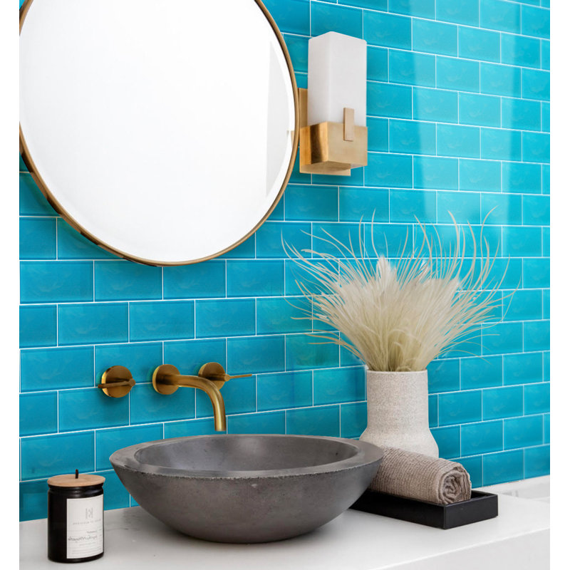 3"X 6" Polished Glass Subway Tile, Blue