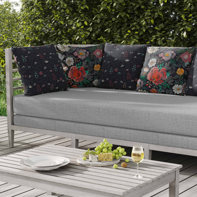 Coussin intérieur / extérieur Starlight Florals, Carré 16 po, Noir / vert / rouge / gris