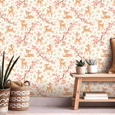 Peel and Stick Wallpaper Contact Paper Cute Baby Deer Cherry Blossom Self Adhesive and Removable 24in x 118in(60x300cm)