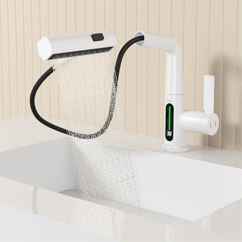 Robinet escamotable de salle de bain avec affichage de la température à DEL - rotatif à 360 °, 31 modes de bec, hauteur réglable, robinet de lavabo blanc et capteur de hauteur