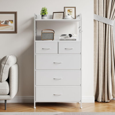 5 Drawer Dresser with Fabric Bins & Wood Top, Storage Organizer with Steel Frame for Bedroom Hallway