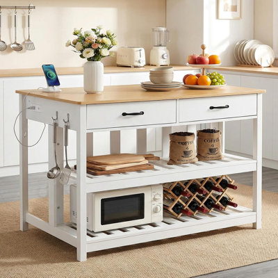 Kitchen Island With Power Outlets, 47 Inches Width Kitchen Shelf With Large Worktop, Wooden Island Counter With Shelves, 2 Drawers, And 4 Hooks For Living Room, White And Natural