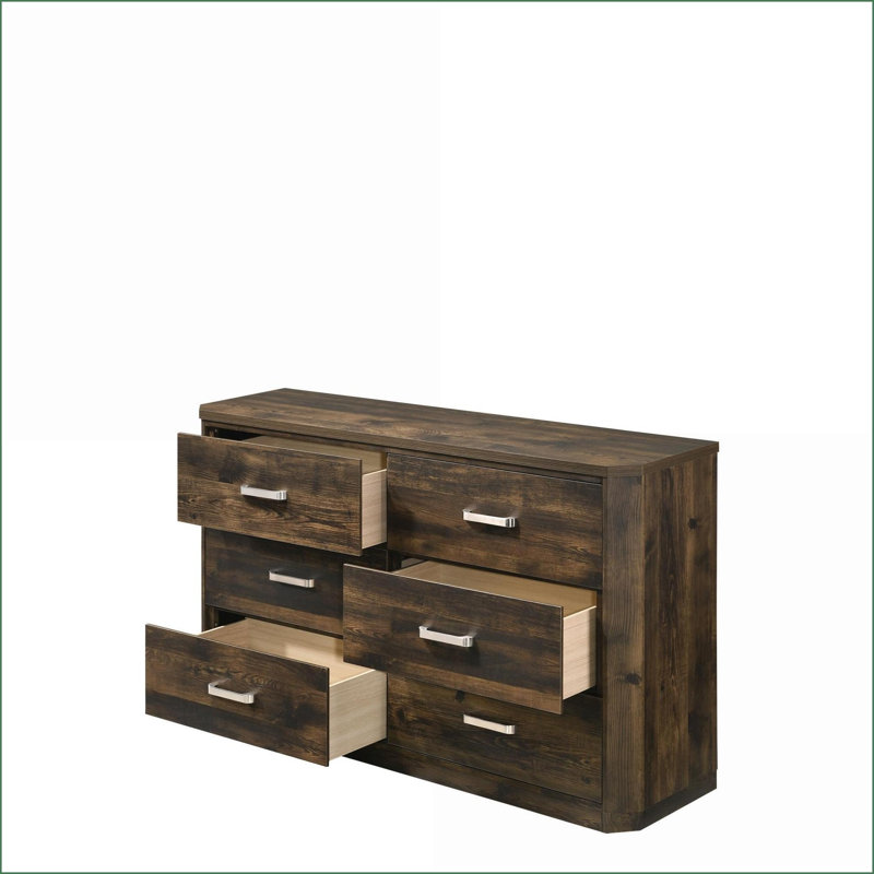 Commode 6 tiroirs en noyer rustique avec glissière lisse | Noyer | Bois synthétique