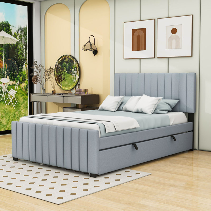 Lit plateforme double tapissier avec lit gigogne, Twin, gris