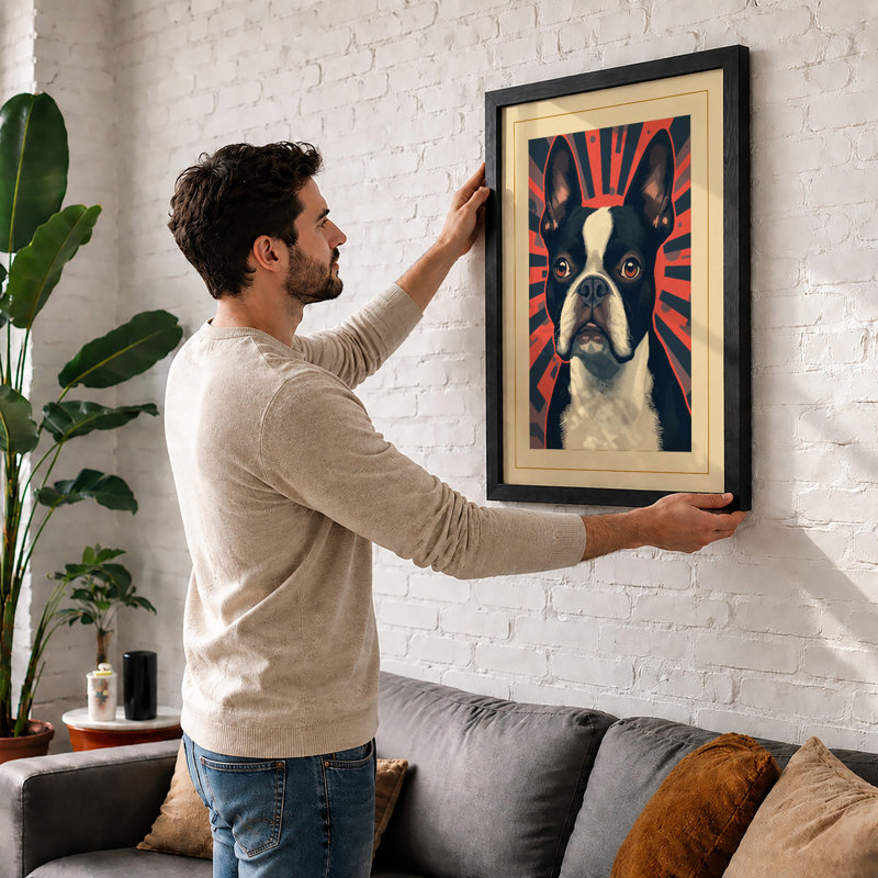 Boston Terrier Rising Retro - Framed Print, Walnut, A4 - 29.7 x 21.0 cm