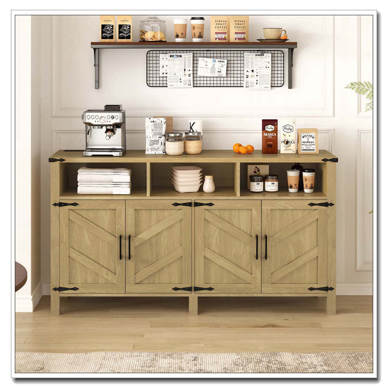 4-Door Sideboard with Power Outlets, USB Ports, and Adjustable Shelves, Natural Wood