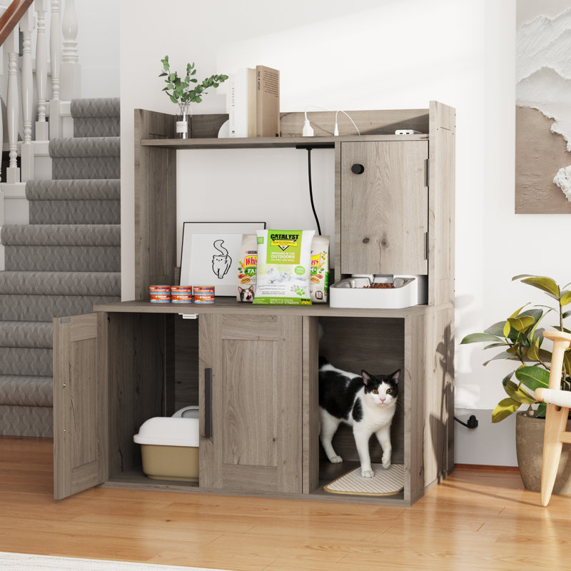 Hidden Cat Litter Box Enclosure Cabinet with Shelves & Storage, Litter Box Furniture with 2 AC Outlets & 2 USB Ports, Compatible with Automatic Feeder & Water Fountain
