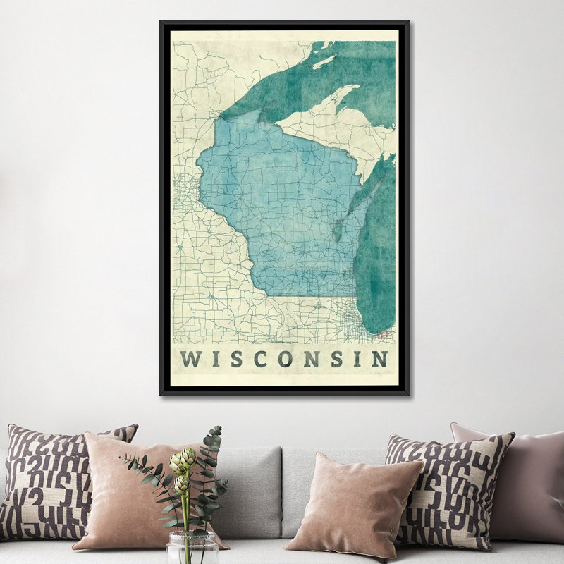 « wisconsin map », impression sur toile, H 26 po x l 18 po x P 1,5 po, Toile avec cadre noir, Pas de tapis
