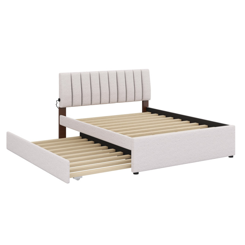 Lit plateforme tapissier avec lit gigogne, Beige