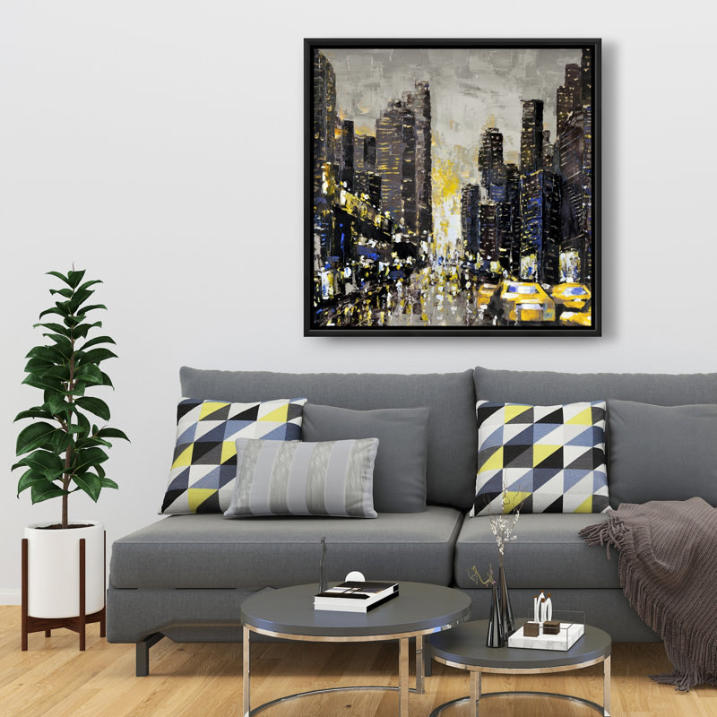 Toile de ville abstraite texturée - taxis jaunes | Décor gris encadré