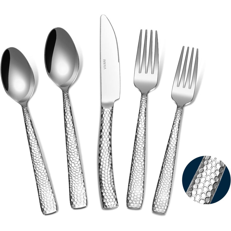 Theoson Silverware Set - 20-Piece Hammered Stainless Steel Flatware, Dishwasher Safe