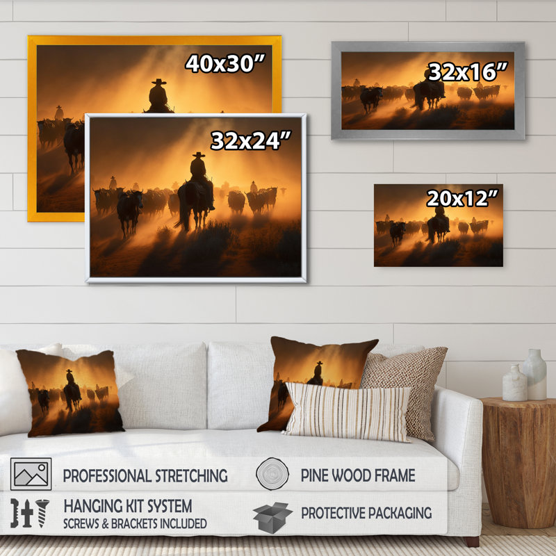 Nasiem Wrangler In Sunset II - art mural coucher de soleil pour le salon, H 24 po x l 32 po x P 1 po, Cadre flottant noir