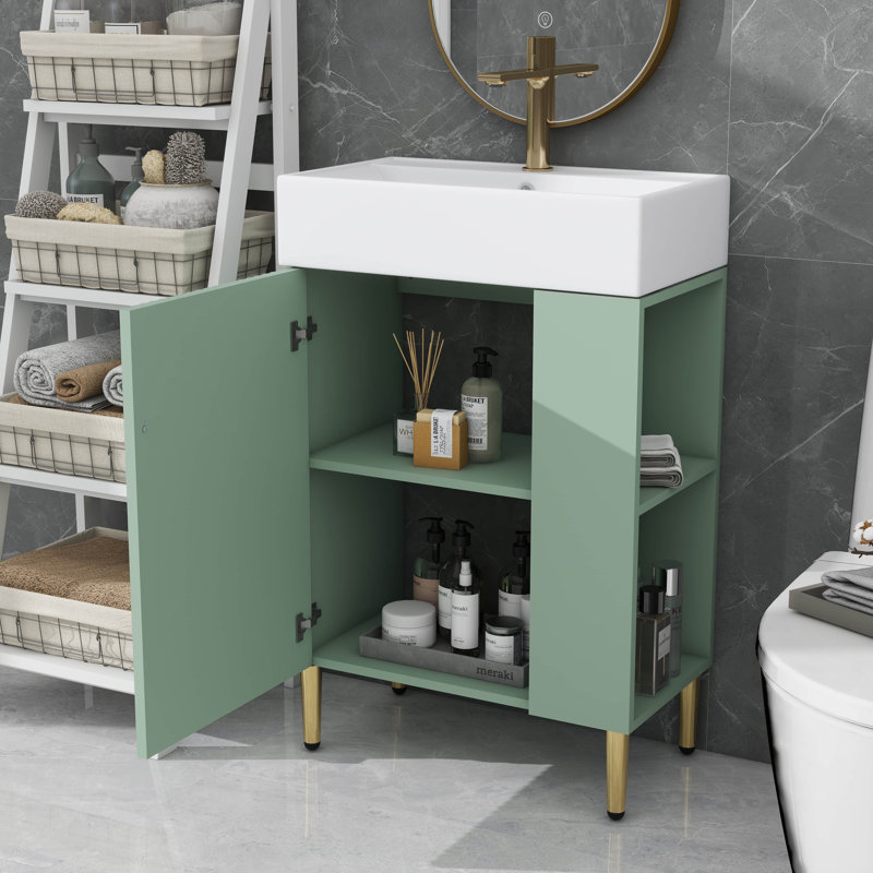 Ensemble de meuble-lavabo autoportant 21,6 po avec pieds en métal et rangement à droite, Vert
