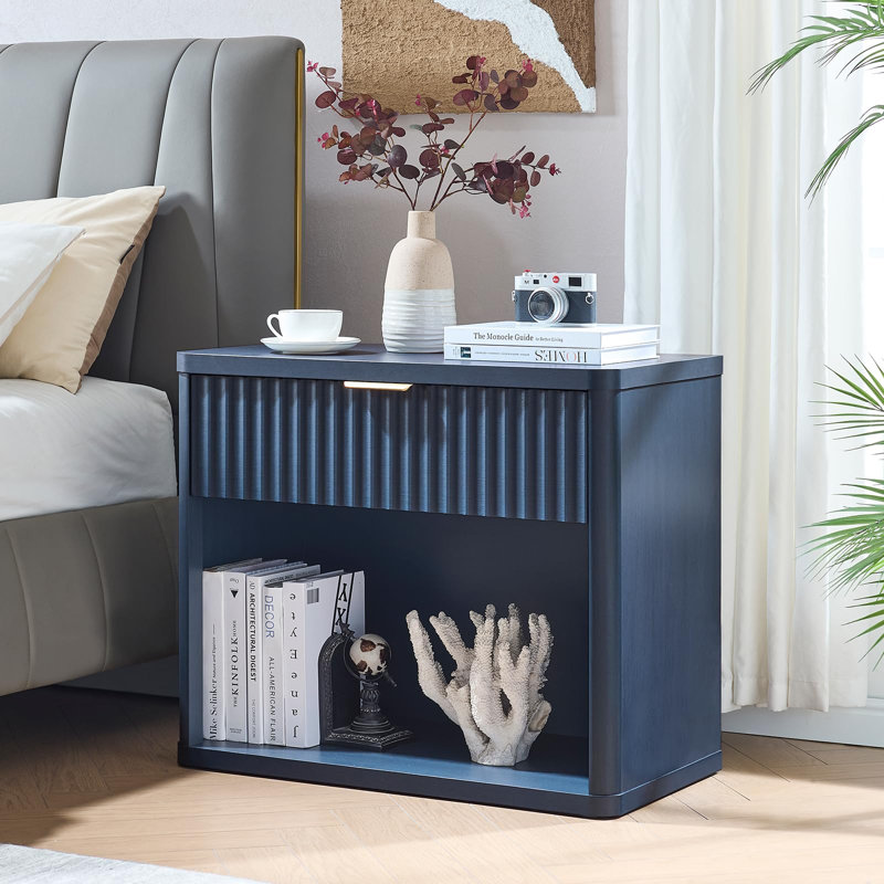 Table de chevet cannelée à 1 tiroir avec station de charge, Bleu