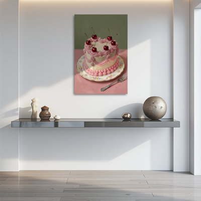 1pc Framed Canvas Wall Art Prints Poster, Vintage Cherry Cake Art Print, Pink Green Wall Art, Retro Dessert Art Posters Canvas Print Painting for Living Room Bedroom Office Bathroom Dorm Home Decor, Ready To Hang