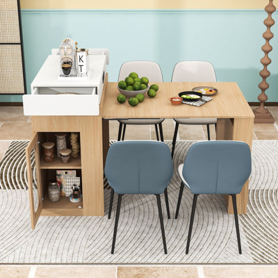 Rolling Extendable Kitchen Island with Drop-Leaf Table, Built-In Power Outlet and Glass Door Cabinet