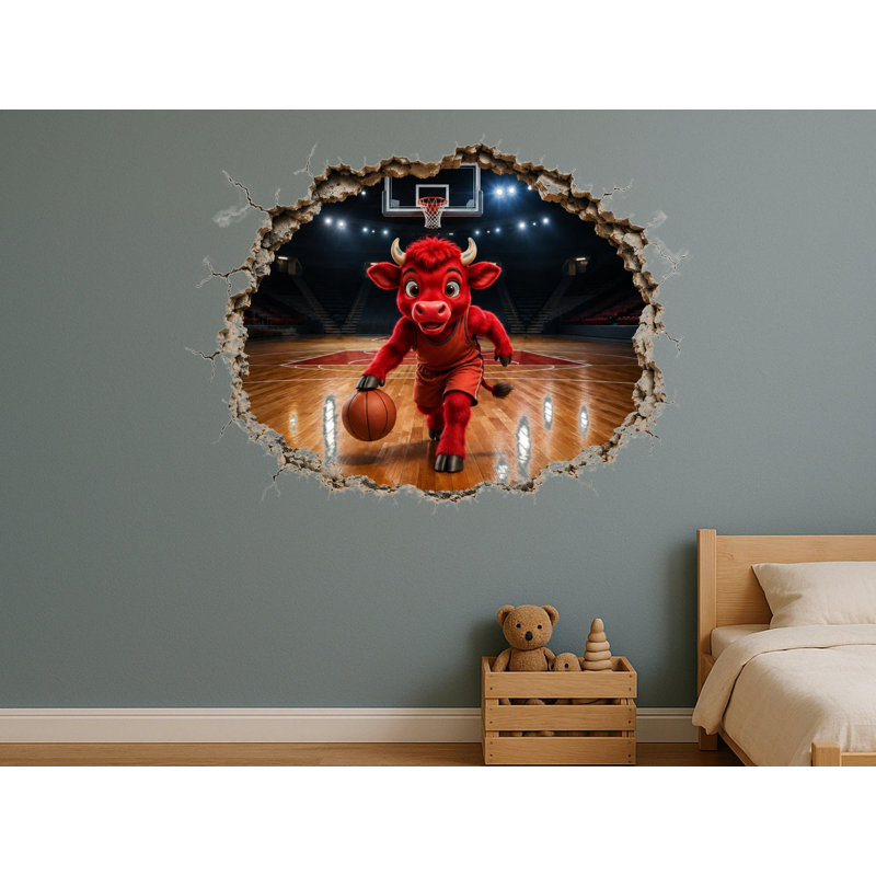 Basketball Bull 3D Wall Sticker, Peel and Stick Hole in the Wall Decal for Kids Rooms, Satin Finish Sports Wall Art, 24"W x 16"H (61 x 41 cm)