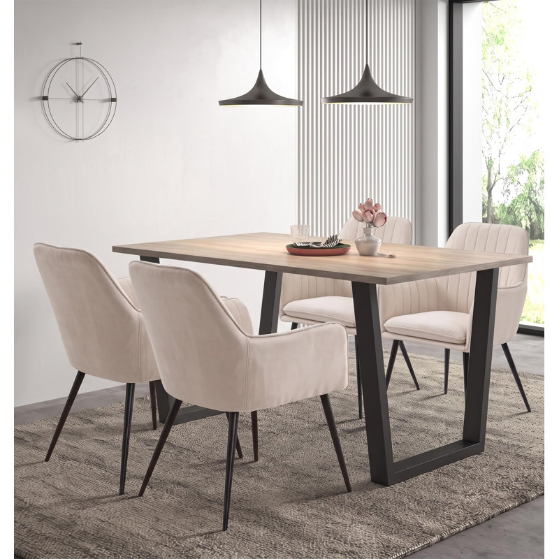 80cm Rectangular Dining Set with Upholstered Chairs, 77cm H x 150cm W x 80cm D, 5 Pieces: Table, 4 Chairs, Beige