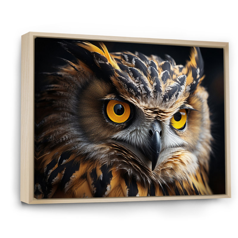 Portrait d'un hibou jaune - impression, H 16 po x l 32 po x P 1 po, Cadre naturel flottant