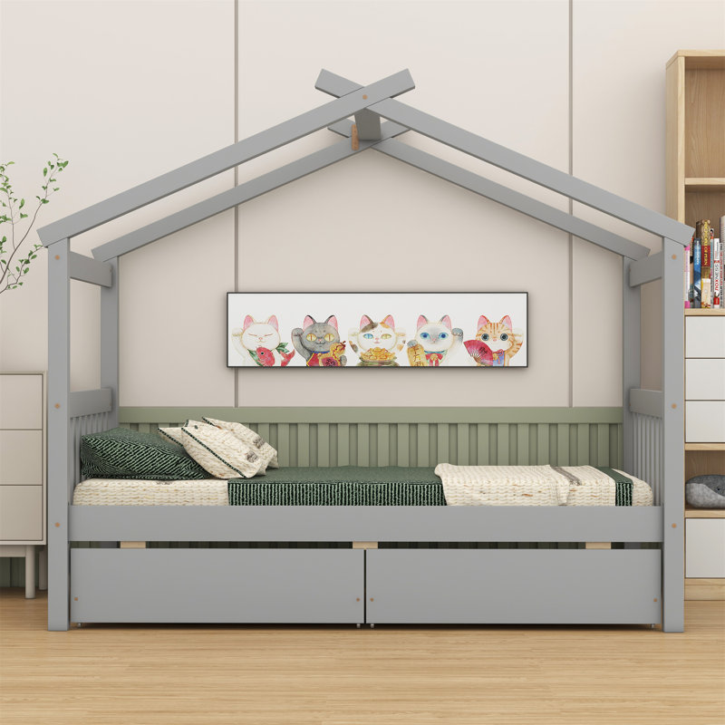 Wooden House Bed With Drawers, Gray, Full / Double