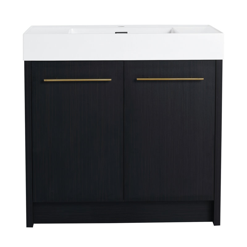Meuble-lavabo noir en châtaignier noir avec lavabo en résine et porte à fermeture douce - 36 po de conception moderne autoportante et impeccable