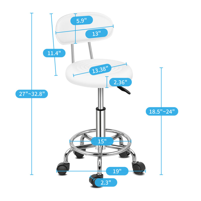 Salon Backed Adjustable Height Lab Stool with Wheels, White