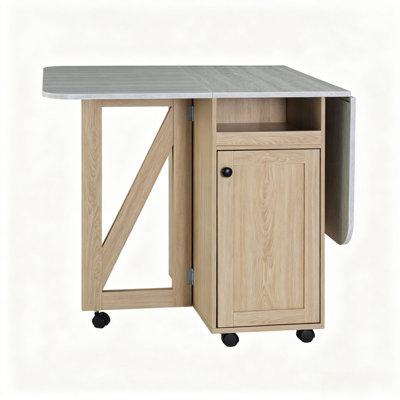 Foldable Drop Leaf Rolling Dining Table with Storage Cabinet, Light Oak Frame & Slate Tabletop Mobile Kitchen Island Cart