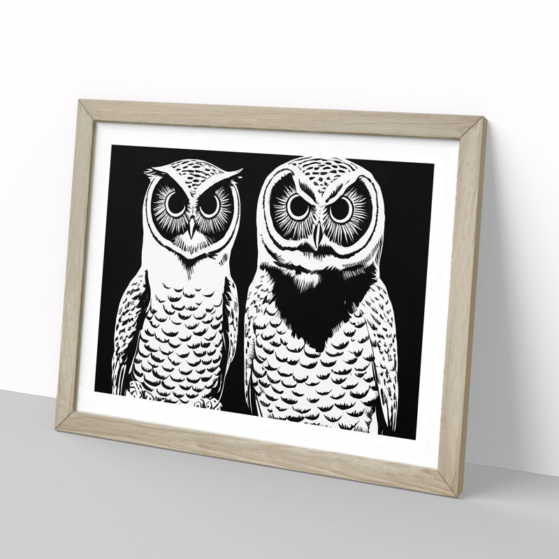 Monochrome Owls Vol.1 - Framed Print, 25cm H x 34cm W x 2cm D, Oak Framed