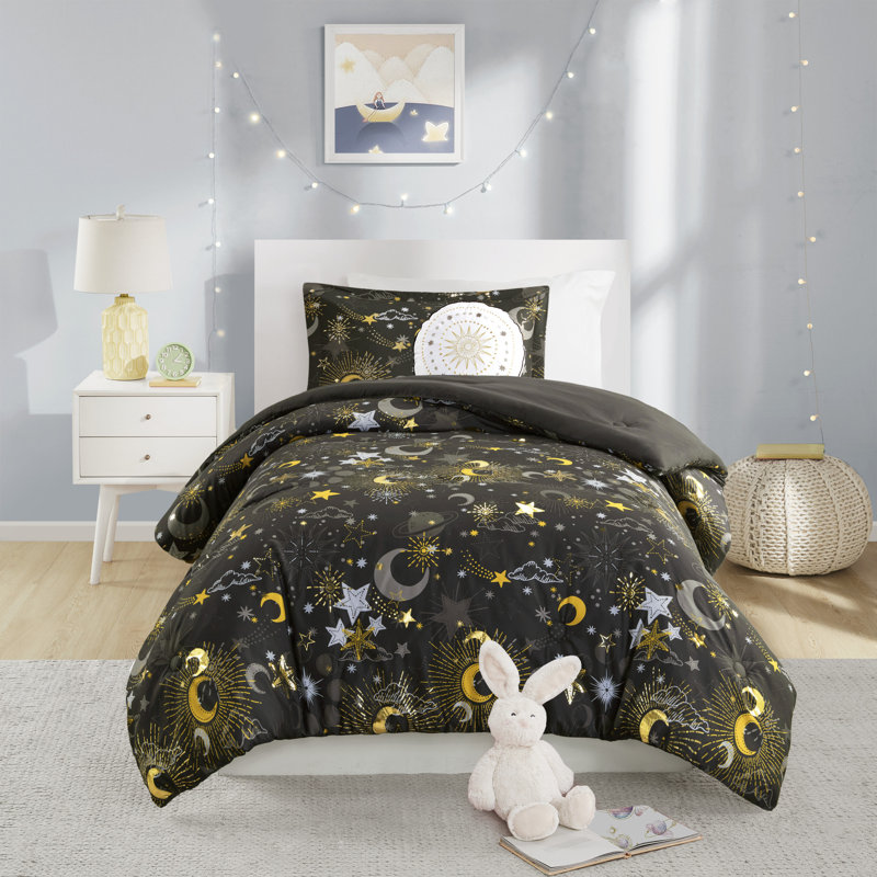 Ensemble d'édredon Celia Starry Sky, Édredon simple, 1 taie décorative, et 1 coussin , Anthracite / Or