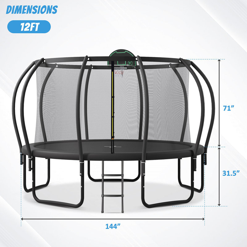 12FT Trampoline For Kids With Upgraded Arcpole And Composite Toploop For Safety Enclosure, Plus Basketball Board And 10 Ground Stakes