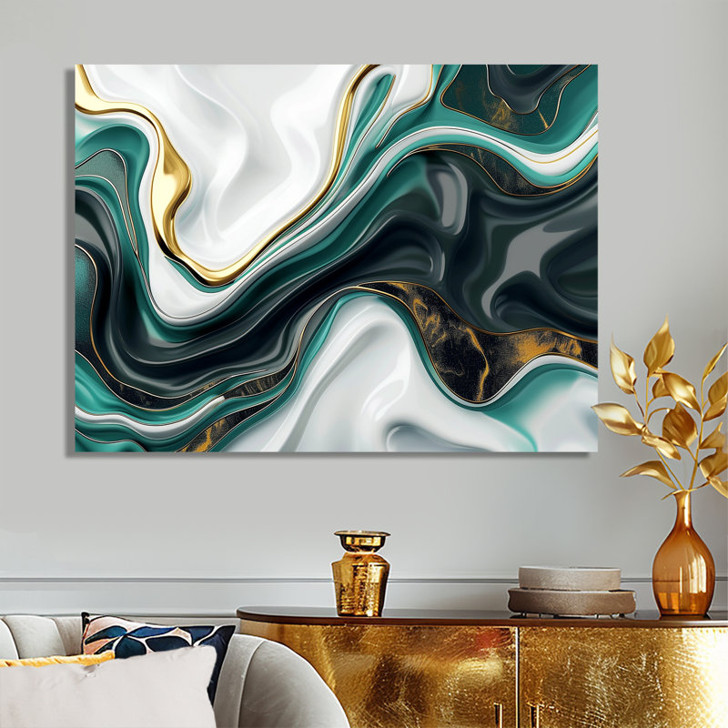 Océan vert, vagues dorées - encre liquide, art mural abstrait, Métal métal, H 30 po x l 40 po
