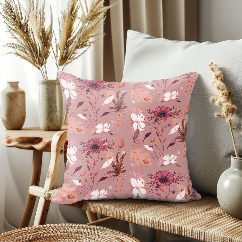 Housse de coussin, Floral rose / beige, H 17,5 po x l 17,5 po