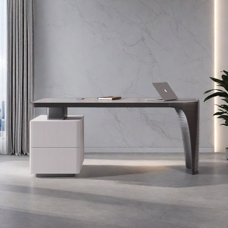 Bureau en ardoise minimaliste clair et luxueux, Doré / Blanc, H 28,7 po x l 63 po x P 27,6 po