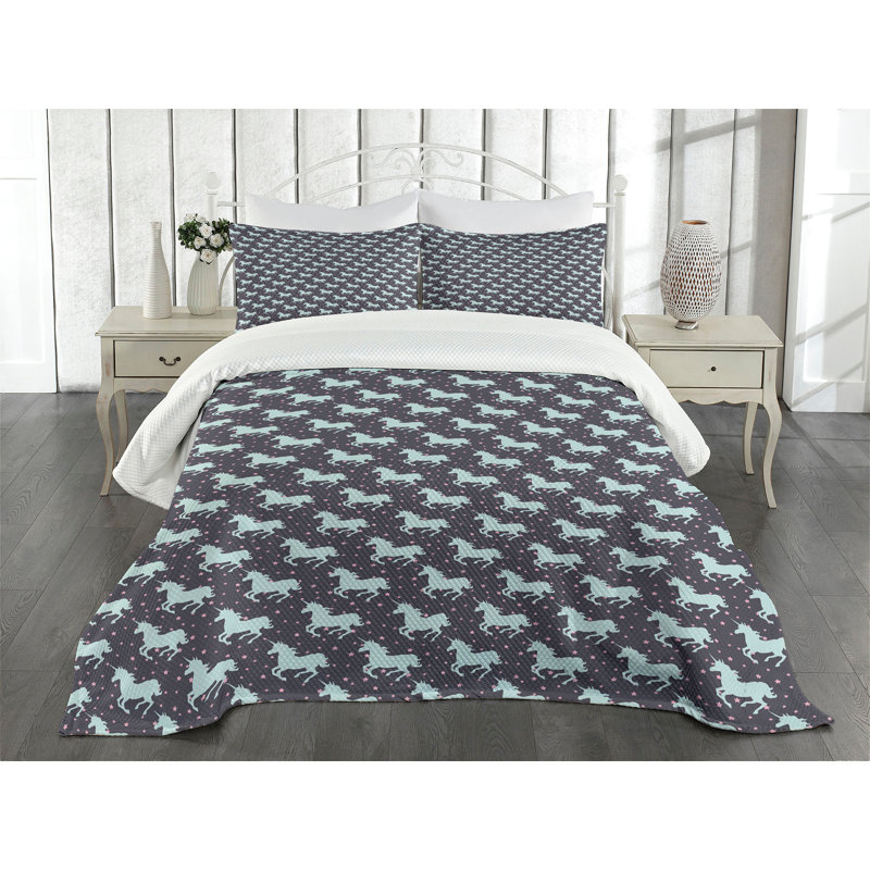 Ambesonne Abstract Bedspread Set  Galloping Unicorns  Mint Dark Taupe Pink, King Coverlet / Bedspread + 2 Standard Shams