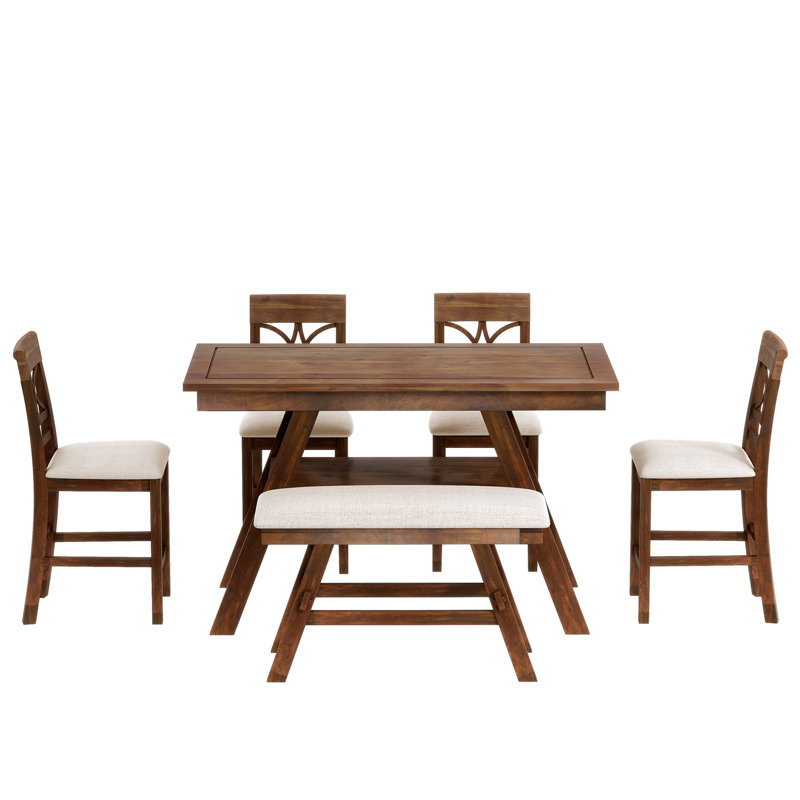 6-Piece Wood Counter Height Dining Table Set with Storage Shelf, Walnut