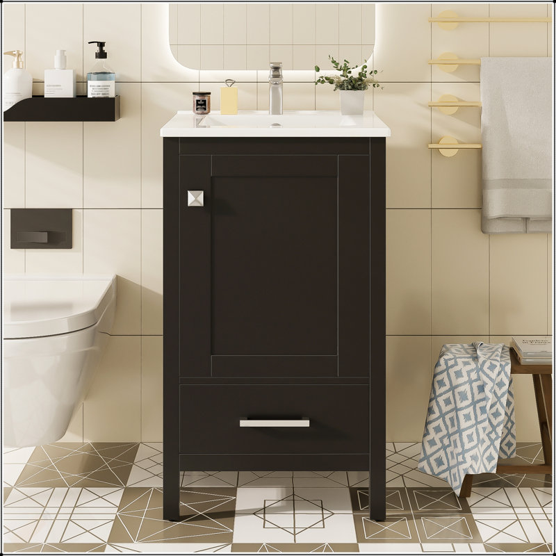 Meuble-lavabo moderne de 20 pouces avec lavabo en céramique, tiroir et porte à fermeture en douceur, organisateur de porte double couche, tiroir de séparation, patins réglables - conception de rangement peu encombrante