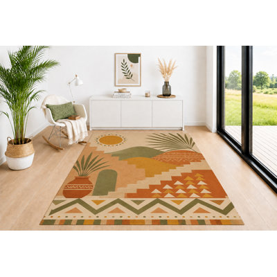 Tapis de style tribal désertique ultra léger 5 pi x 7 pi, motif de feuilles de palmier à motif géométrique vert terre cuite moutarde, tapis de sol pour le bureau de la chambre à coucher